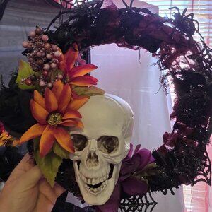 Handmade Gothic Skull & Black Rose Halloween Wreath | Macabre Decor
